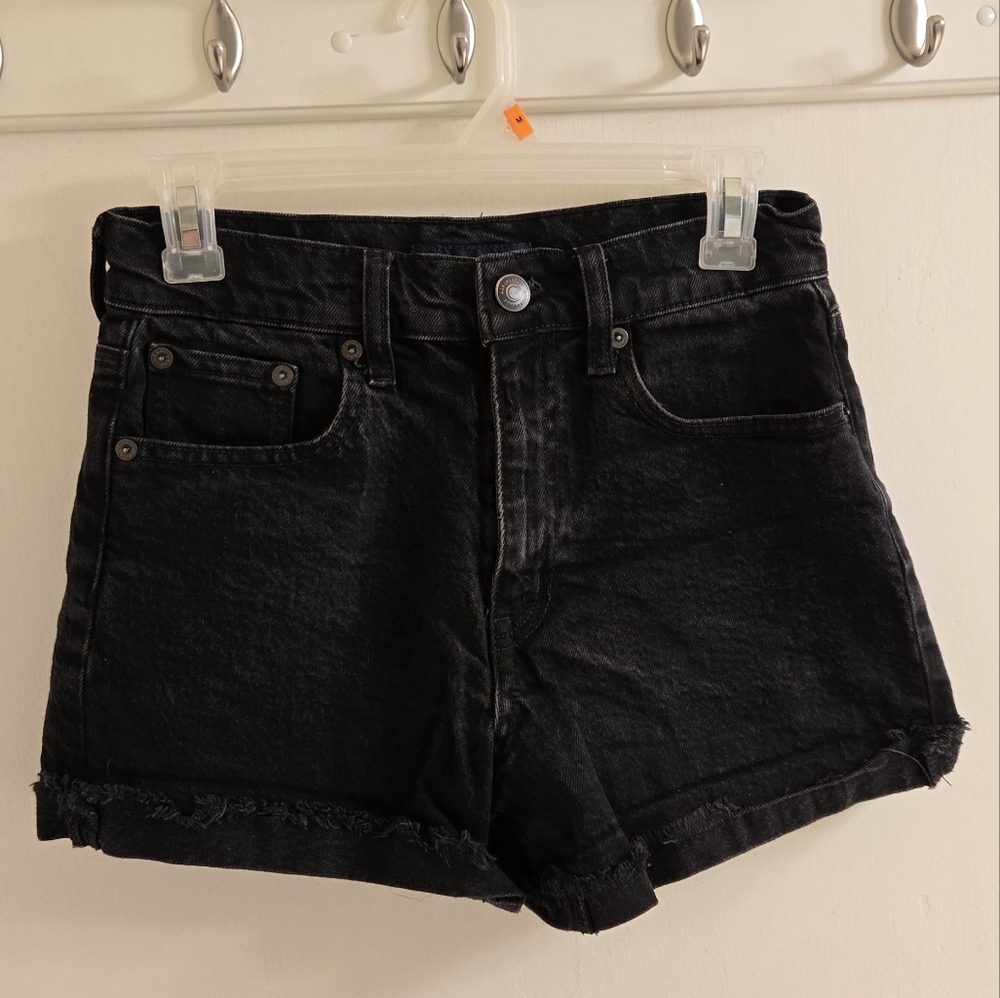 Women's Slightly Distressed Black Denim Mom Shorts